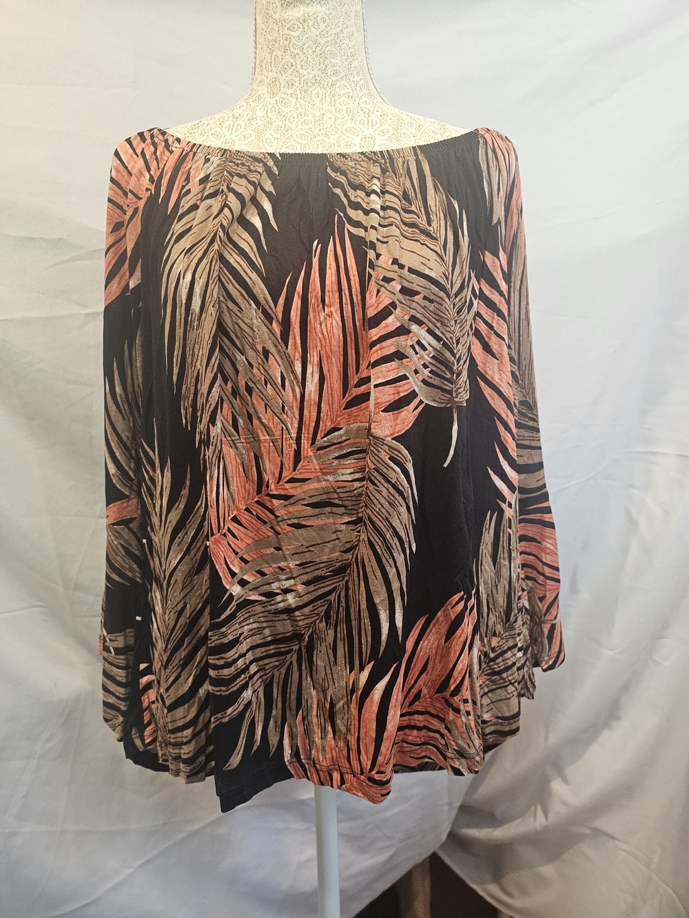 Lascana Venus Off-Shoulder, 3/4 Ruffle Slv Tropical Leaf Print Top. Sz L.
